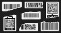 Realistic torn paper QR code and barcode set. Ripped paper with QR and bar code fragment. Royalty Free Stock Photo